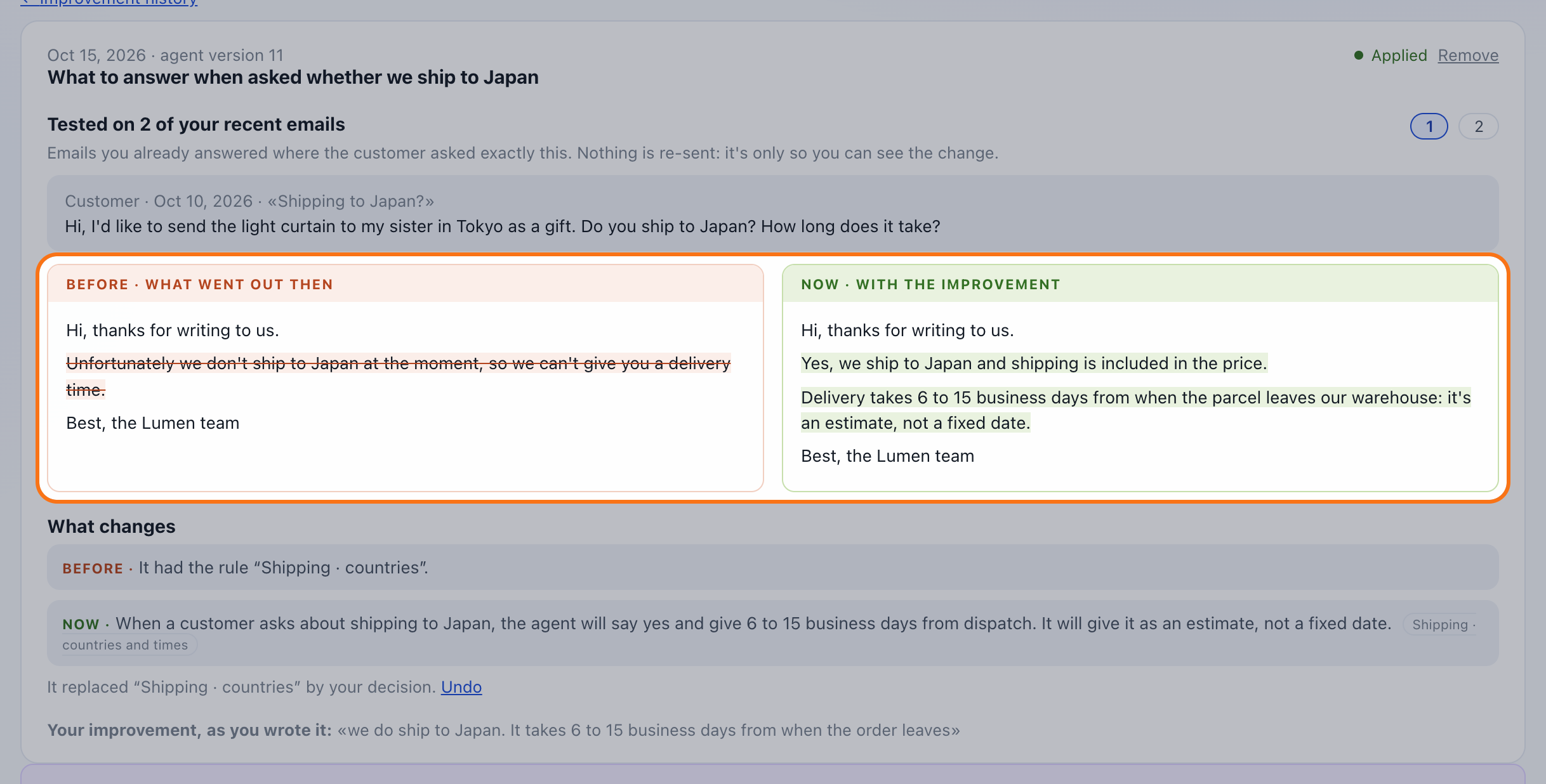An improvement's report: the customer's email and, highlighted, the before and after columns with the changed sentences marked