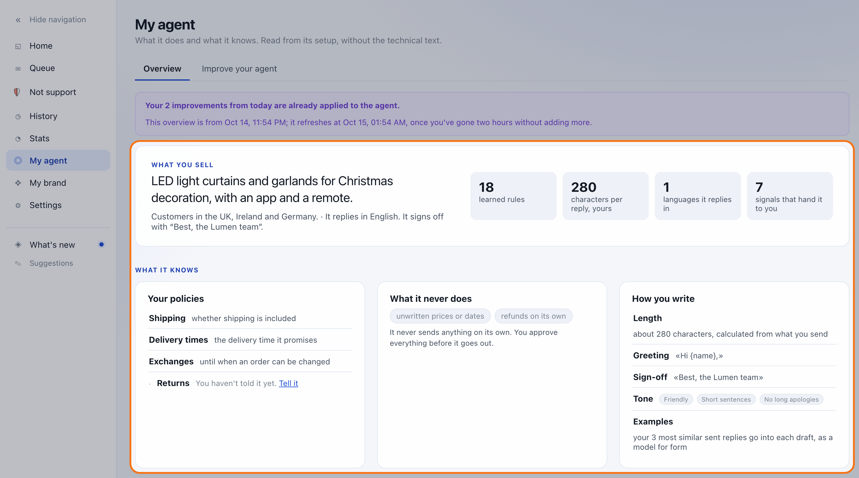 The My agent section with the overview highlighted: what the store sells, four numbers, policies by topic, what it never does and how the merchant writes