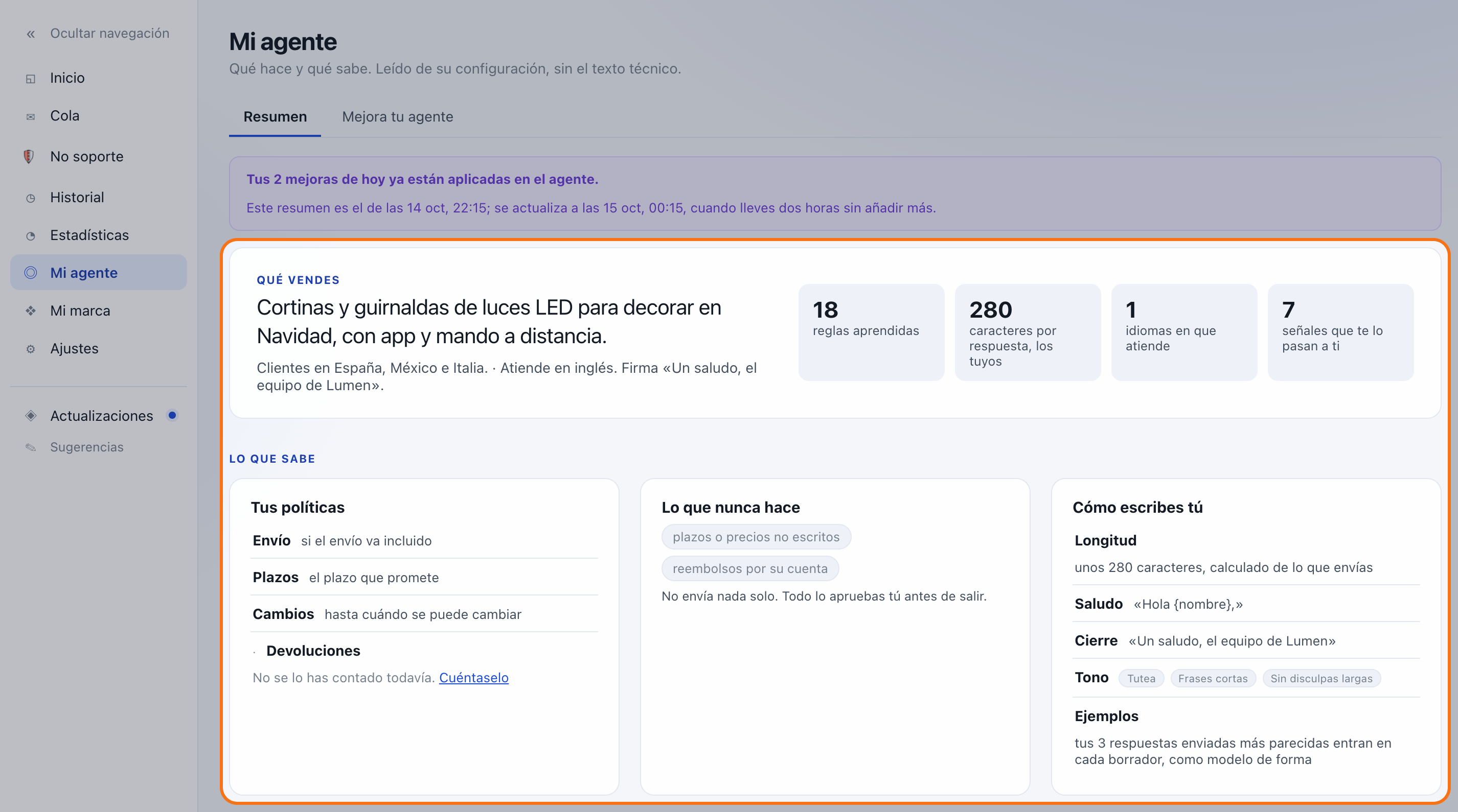 La sección Mi agente con el resumen resaltado: qué vende la tienda, cuatro cifras, las políticas por tema, lo que nunca hace y cómo escribe el merchant