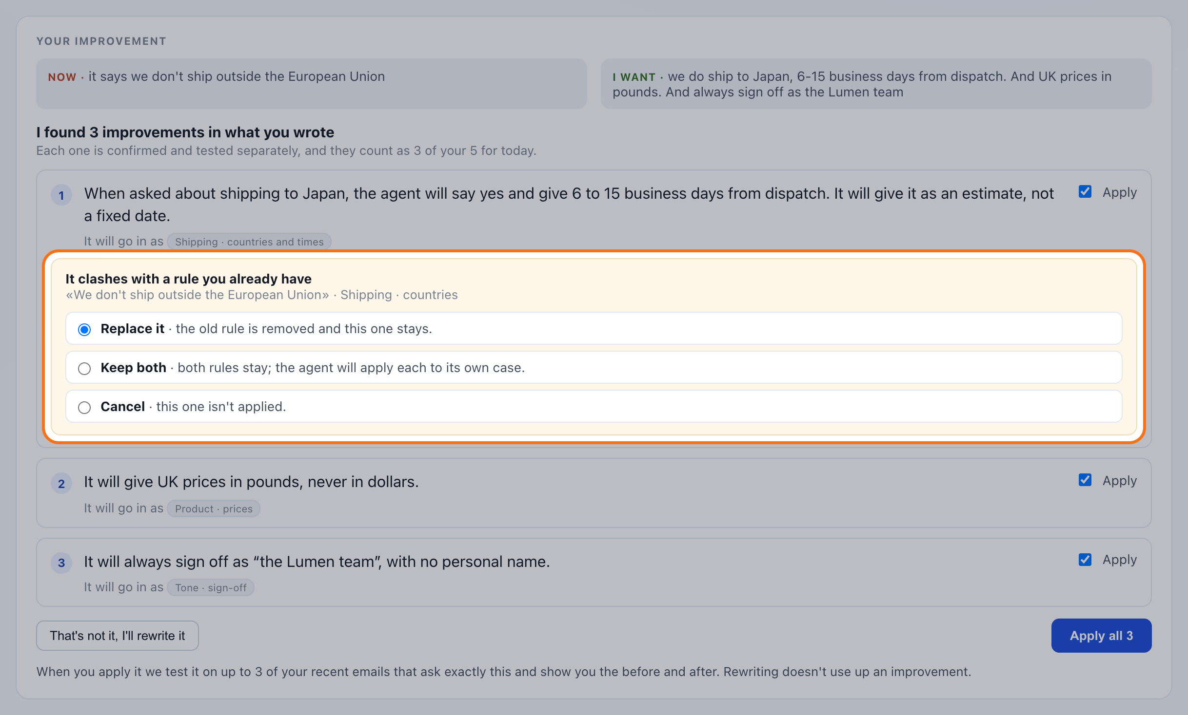 Confirming an improvement with three entries and the conflict block highlighted: replace it, keep both or cancel