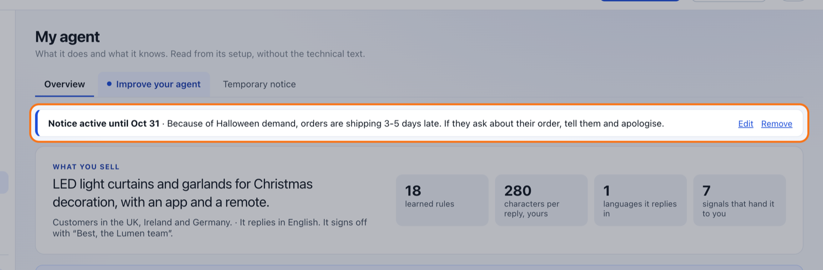 The My agent overview with the line Notice active until Oct 31 highlighted at the top, with Edit and Remove