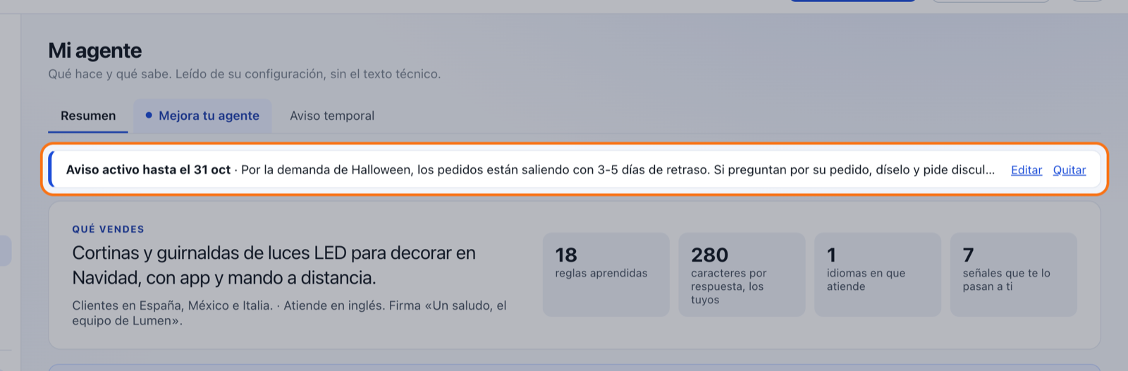 El Resumen de Mi agente con la línea Aviso activo hasta el 31 oct resaltada arriba, con Editar y Quitar