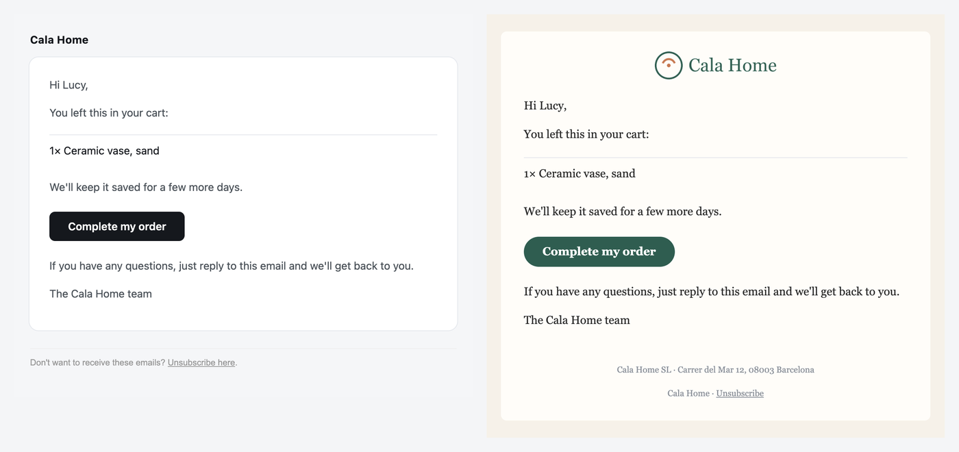 The same abandoned cart email without branding and with the store's logo, colors and font