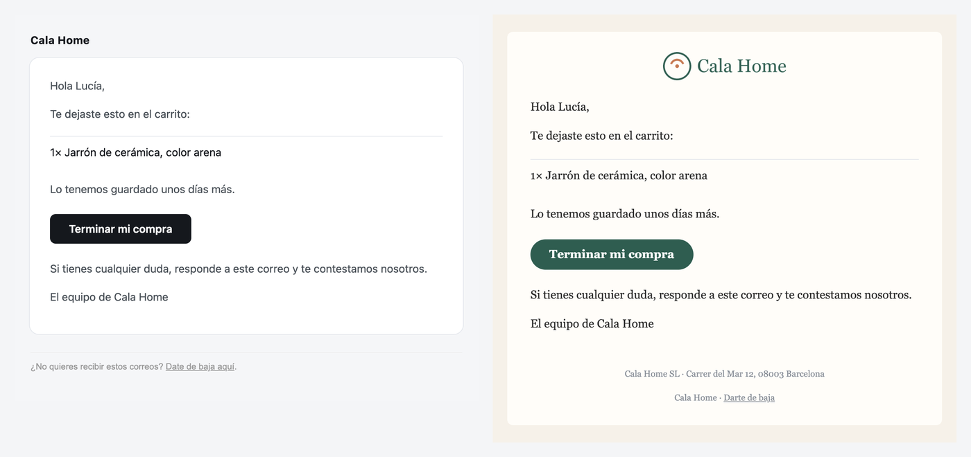 El mismo correo de carrito abandonado sin marca y con el logo, los colores y la letra de la tienda