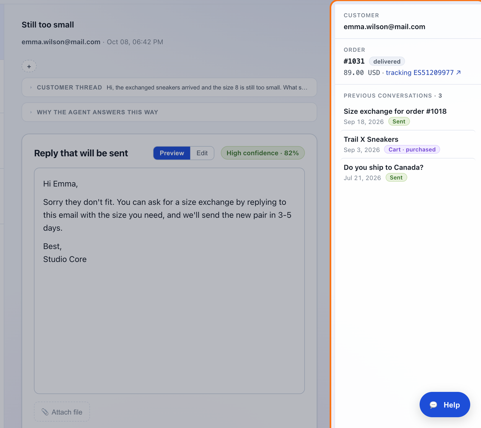 The mailipy queue with the Customer panel highlighted on the right: the customer's email, the order with tracking and three previous conversations
