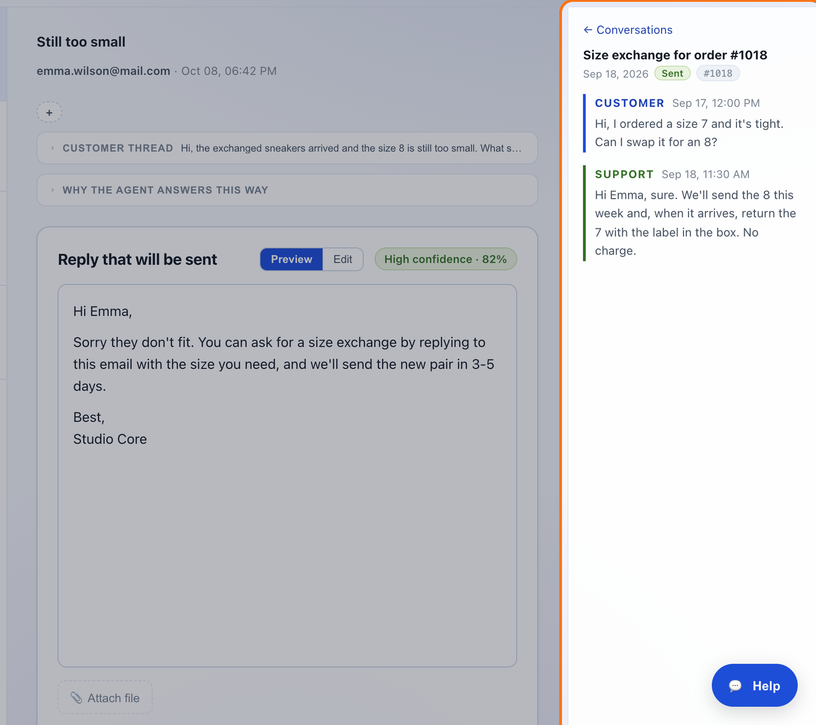 The Customer panel with a previous conversation open: the customer asks to change the size and the reply they were sent