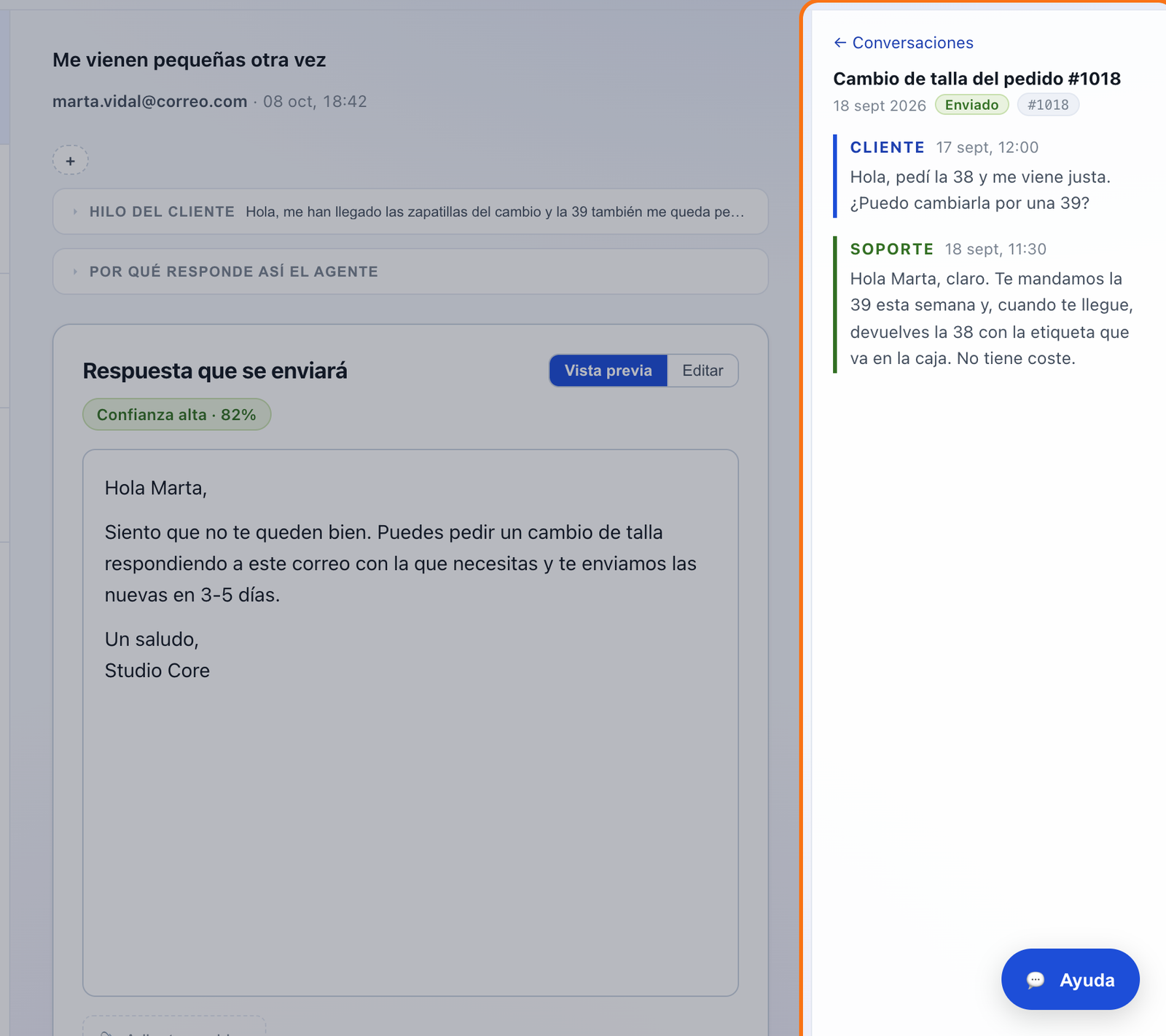 La barra Cliente con una conversación anterior abierta: el cliente pide cambiar la talla y la respuesta que se le envió