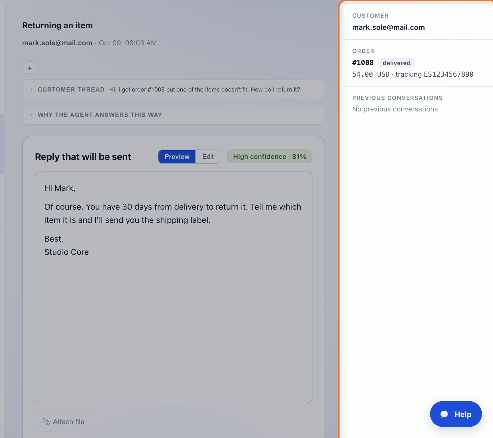 The Customer panel for a new customer, with their order and No previous conversations