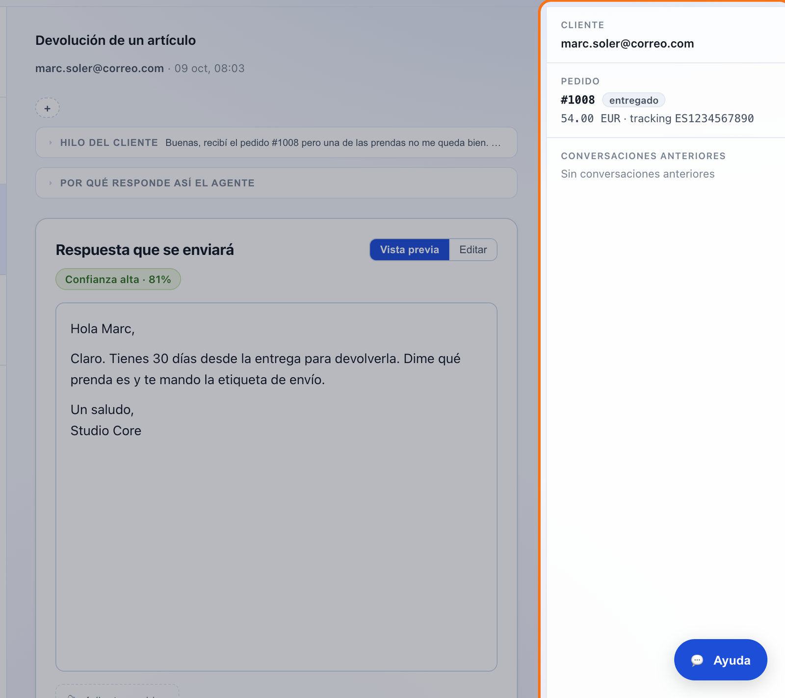 La barra Cliente de un cliente nuevo, con su pedido y Sin conversaciones anteriores