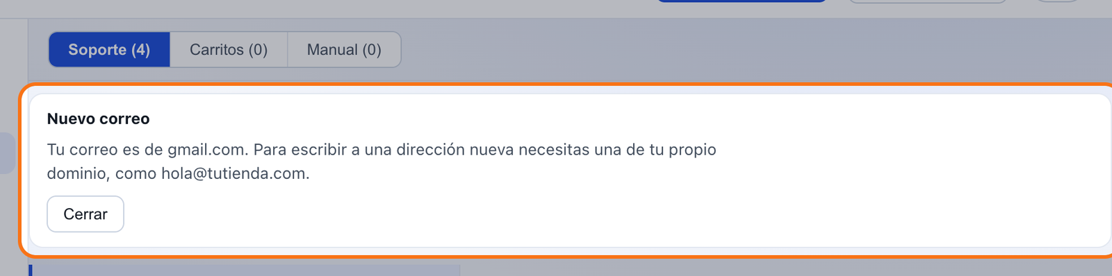El aviso de Nuevo correo para una tienda con Gmail: necesitas una dirección de tu propio dominio