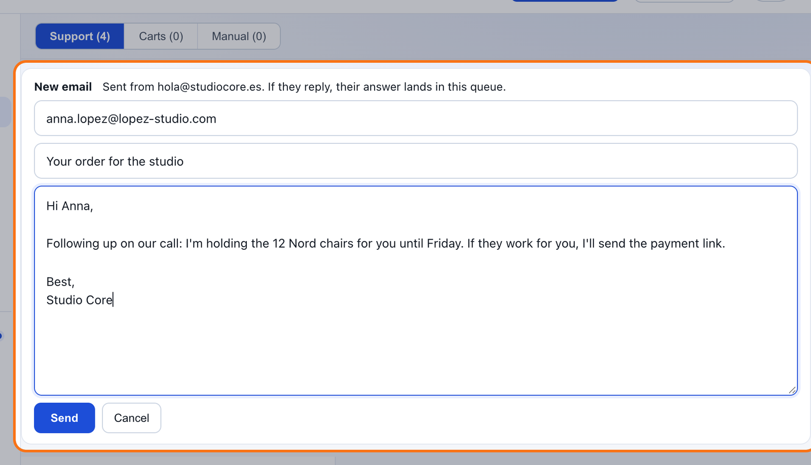 The mailipy New email form highlighted: it goes out from the store's address, with recipient, subject and text