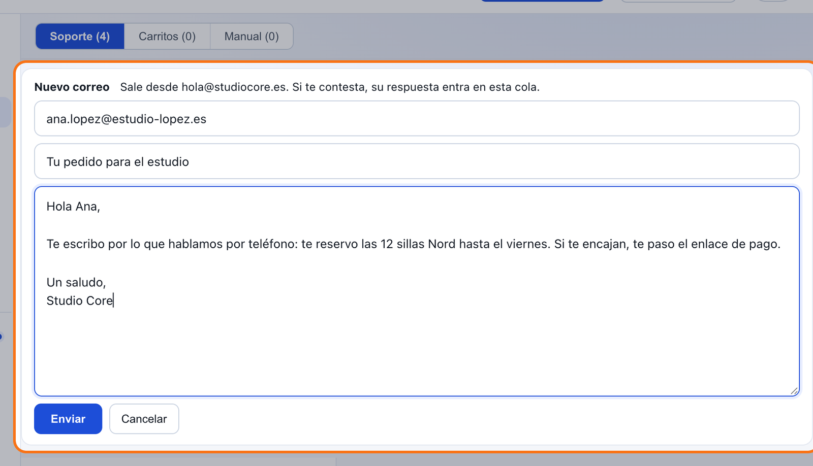 El formulario Nuevo correo de mailipy resaltado: sale desde la dirección de la tienda, con destinatario, asunto y texto