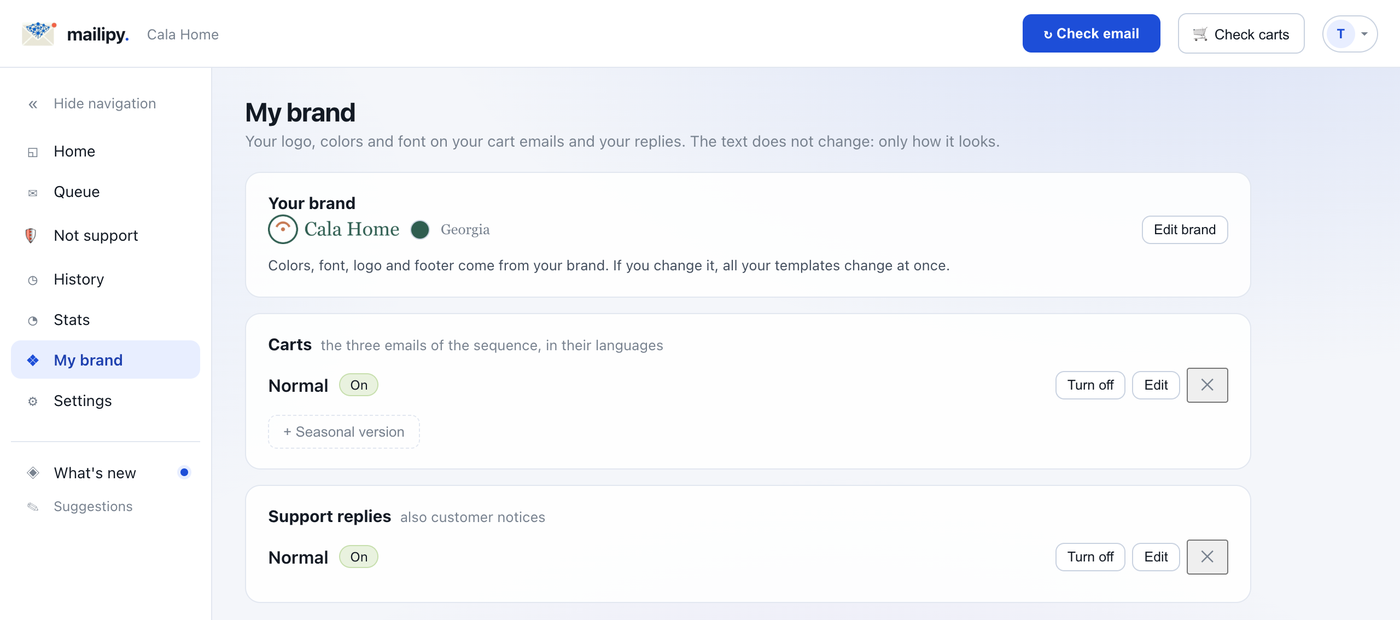 The My brand section of the mailipy portal, with the store's brand and its cart and reply templates