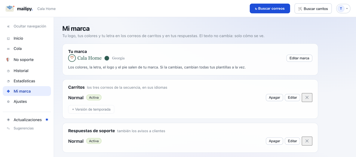 La sección Mi marca del portal de mailipy, con la marca de la tienda y sus plantillas de carritos y de respuestas