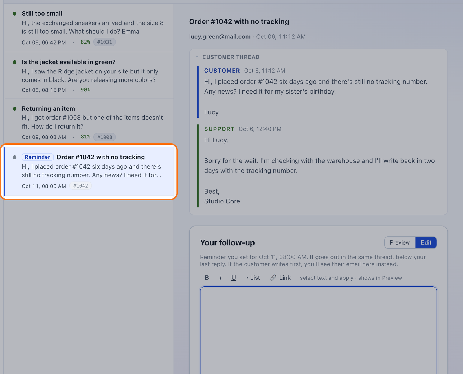 The mailipy queue with a customer's reminder highlighted in the list, their conversation and the order with its tracking number