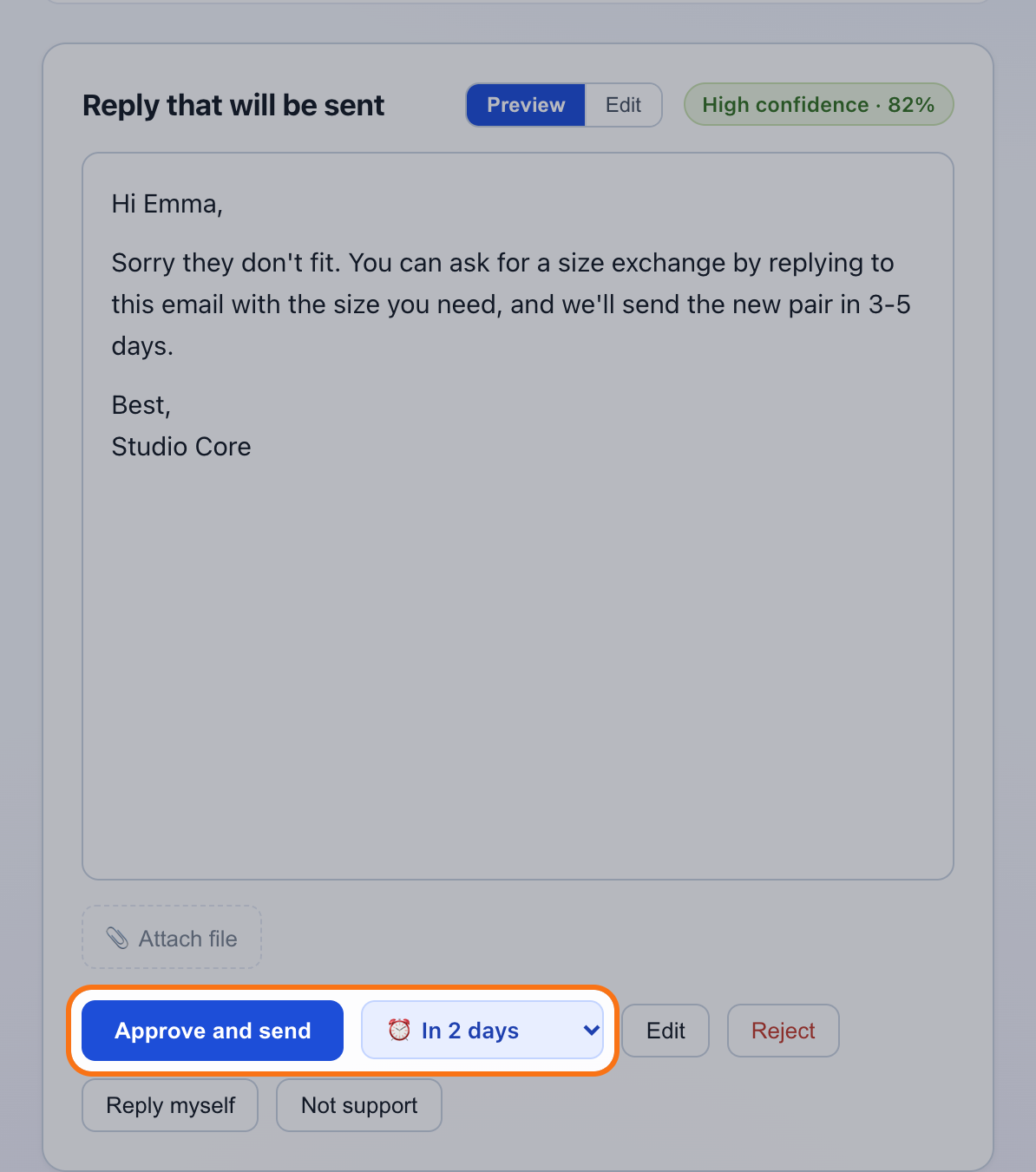 The draft's action bar with Remind me in 2 days selected next to Approve and send