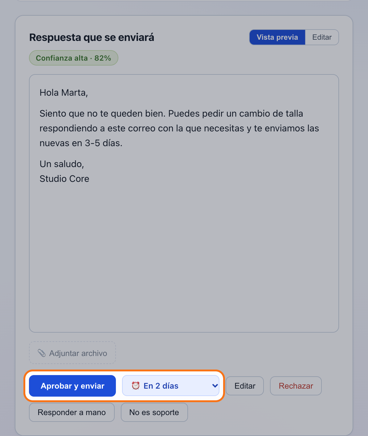 La barra de acciones del borrador con Recordármelo en 2 días elegido junto a Aprobar y enviar