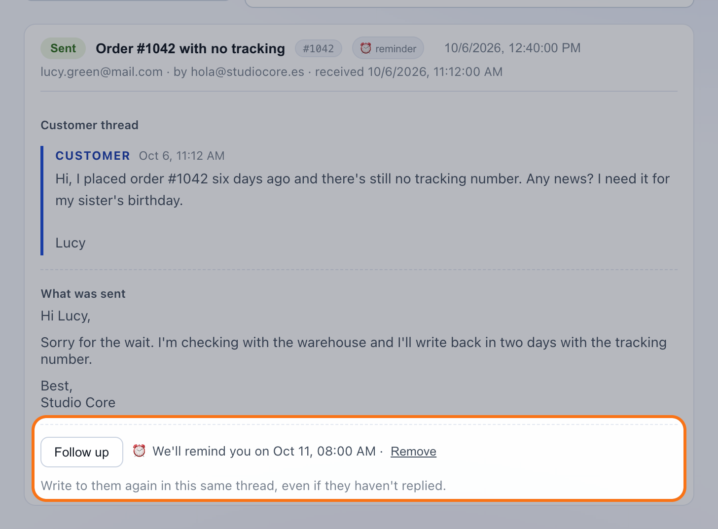A sent reply in History with Follow up and the note We'll remind you on Oct 11, with Remove