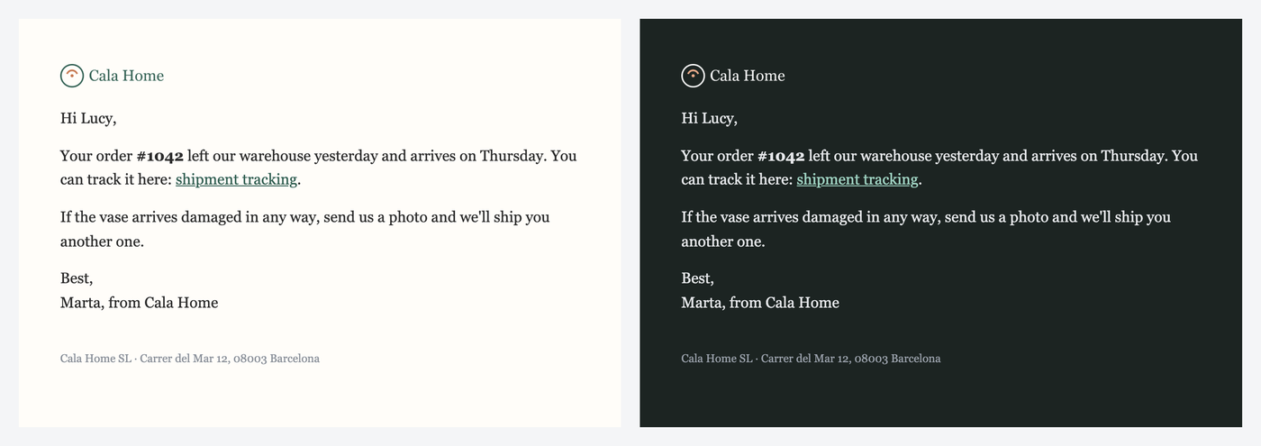 The same support reply with the store's brand, in light mode and in dark mode