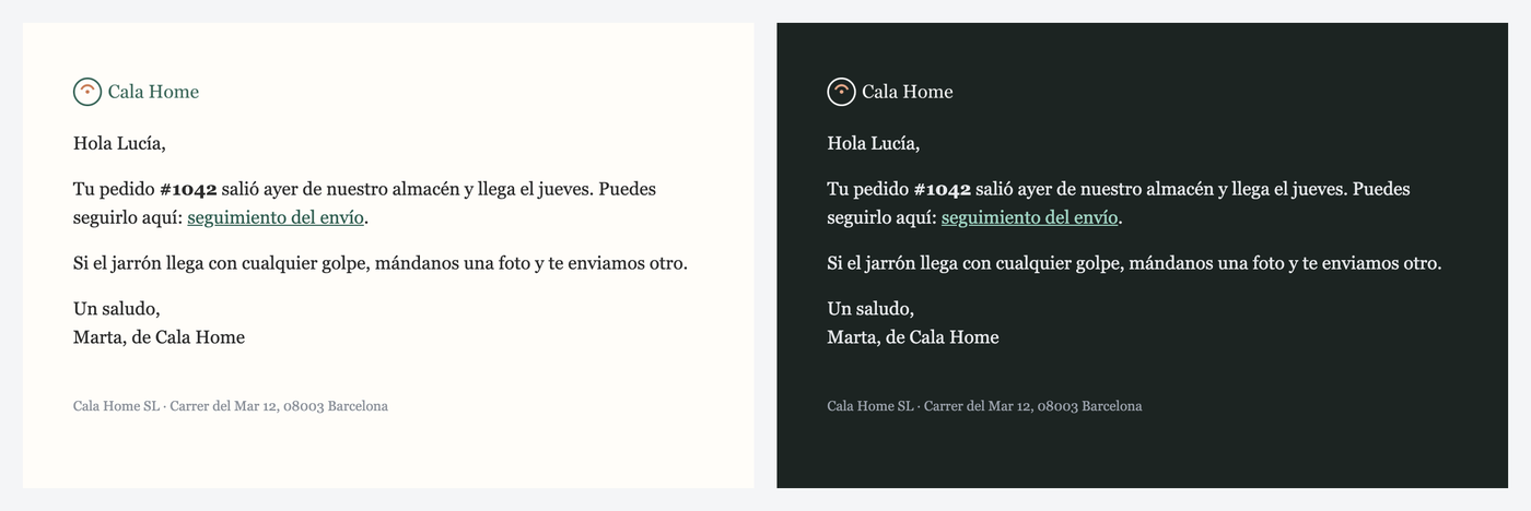 La misma respuesta de soporte con la marca de la tienda, en modo claro y en modo oscuro